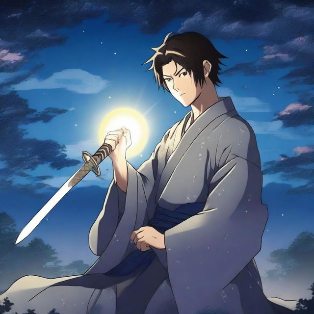 Yoriichi Tsugikuni holding a sword, using Sun Breathing technique, late at night under a starry sky