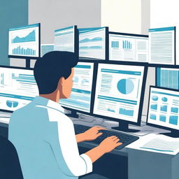 Create an image of an administrative operator working in a modern office setting, managing population data and administrative documents