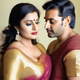 A beautiful and gorgeous plump Indian 40-year-old woman with huge breasts, cleavage, and hot body curves, wearing a saree