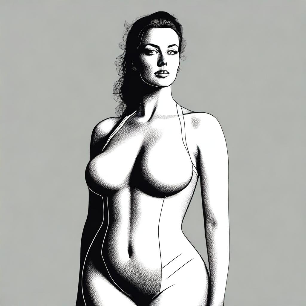 A woman with large breasts wearing lycra fabric, depicted in a tasteful and artistic manner