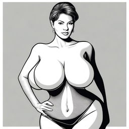 A woman with large breasts wearing lycra fabric, depicted in a tasteful and artistic manner