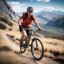 A woman with large breasts mountain biking on a rugged trail