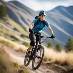 A woman with large breasts mountain biking on a rugged trail