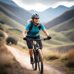 A woman with large breasts mountain biking on a rugged trail