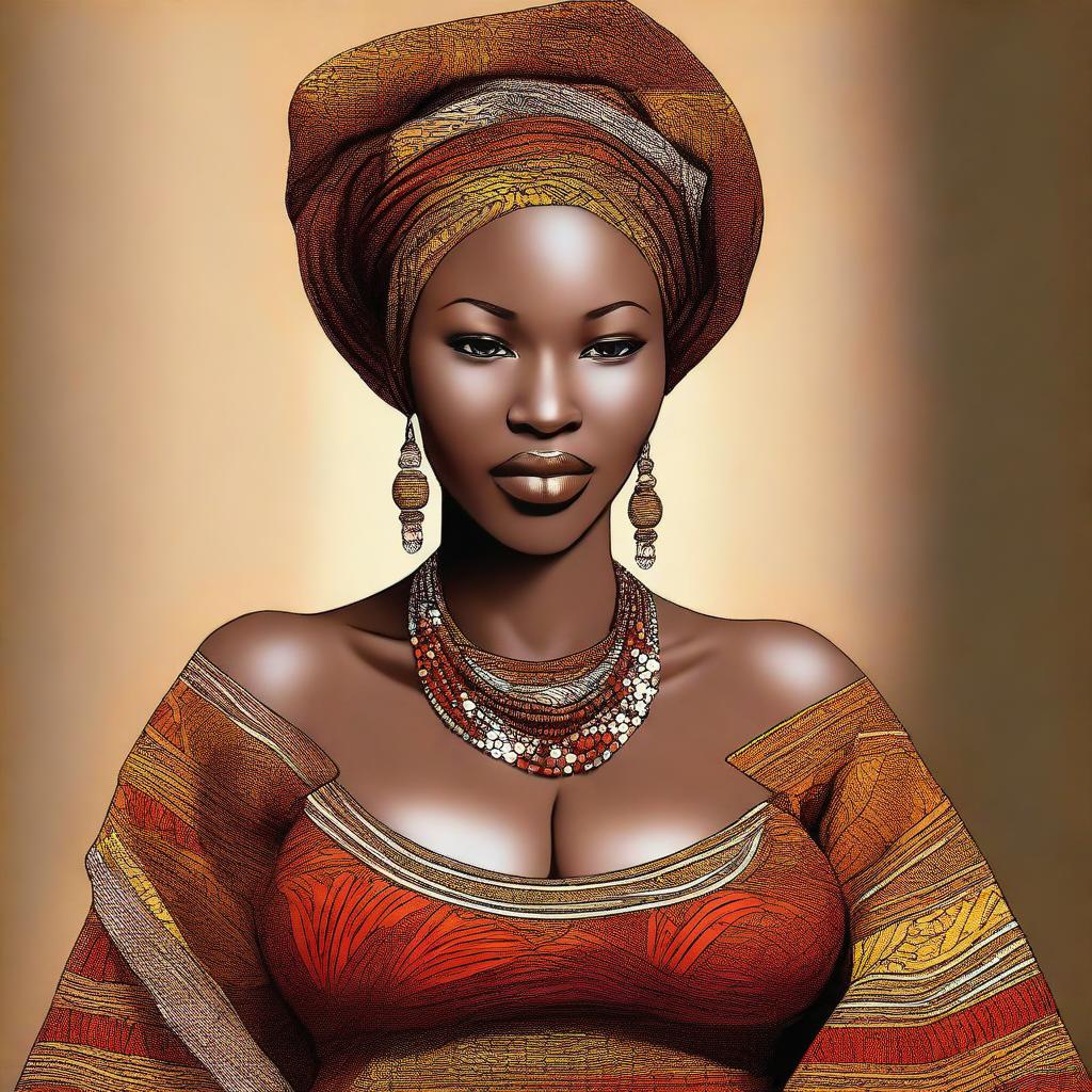 A beautiful African woman with large breasts, depicted in a tasteful and respectful manner