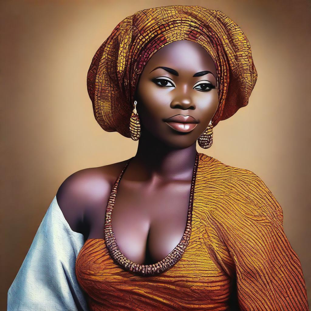 A beautiful African woman with large breasts, depicted in a tasteful and respectful manner