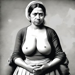 A poor woman with large breasts, depicted in a tasteful and respectful manner