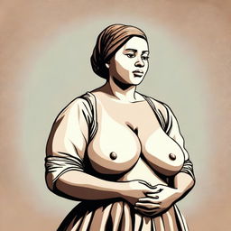 A poor woman with large breasts, depicted in a tasteful and respectful manner