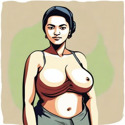 A poor woman with large breasts, depicted in a tasteful and respectful manner