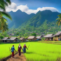 A serene and picturesque Kampung Sunda village scene in Indonesia, featuring traditional houses, lush green rice fields, and majestic mountains in the background under a clear blue sky