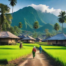 A serene and picturesque Kampung Sunda village scene in Indonesia, featuring traditional houses, lush green rice fields, and majestic mountains in the background under a clear blue sky