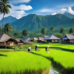 A serene and picturesque Kampung Sunda village scene in Indonesia, featuring traditional houses, lush green rice fields, and majestic mountains in the background under a clear blue sky