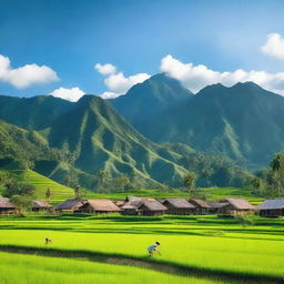 A serene and picturesque Kampung Sunda village scene in Indonesia, featuring traditional houses, lush green rice fields, and majestic mountains in the background under a clear blue sky