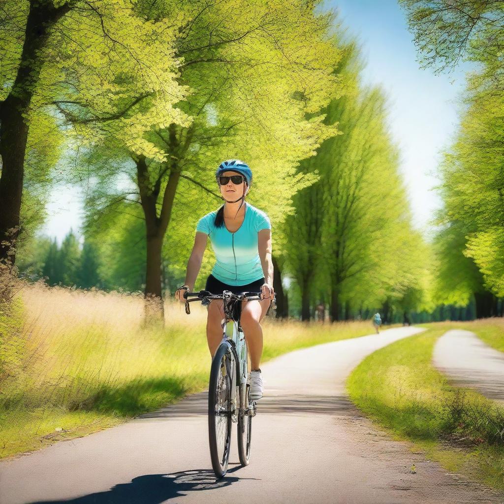 A woman wearing a top is cycling on a sunny day