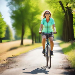 A woman wearing a top is cycling on a sunny day