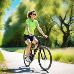 A woman wearing a top is cycling on a sunny day