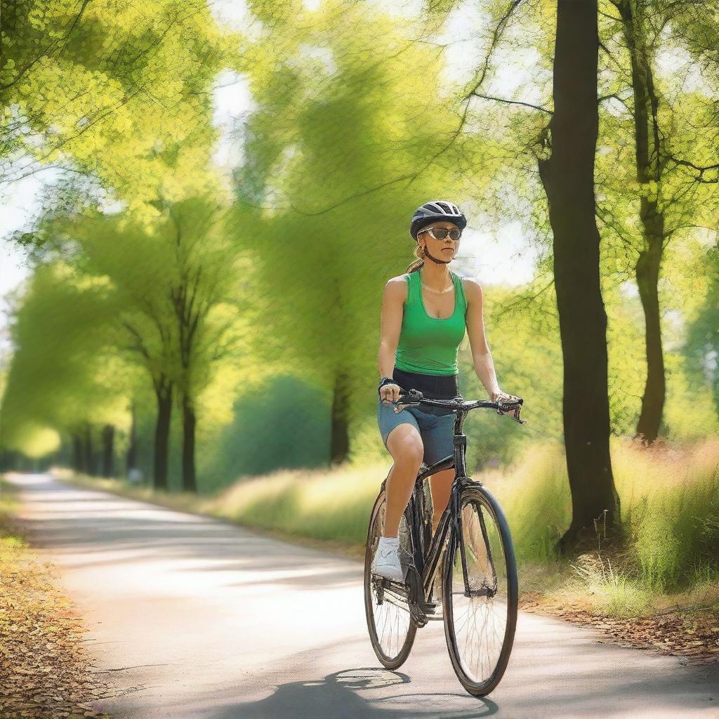 A woman wearing a top is cycling on a sunny day