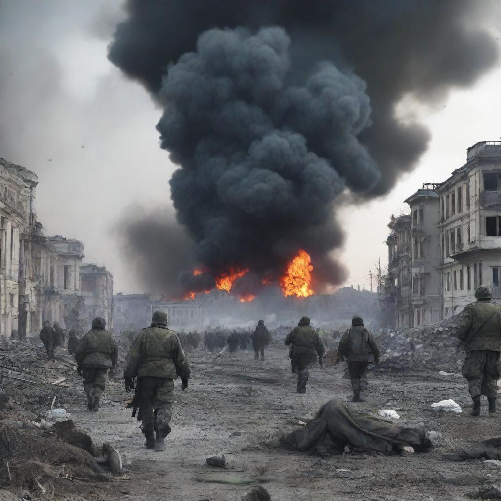 A depiction of the ongoing war in Ukraine, showing the conflict and its impact on the people and environment