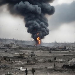 A depiction of the ongoing war in Ukraine, showing the conflict and its impact on the people and environment