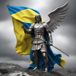 An angel of war holding the Ukrainian flag, standing amidst a battlefield