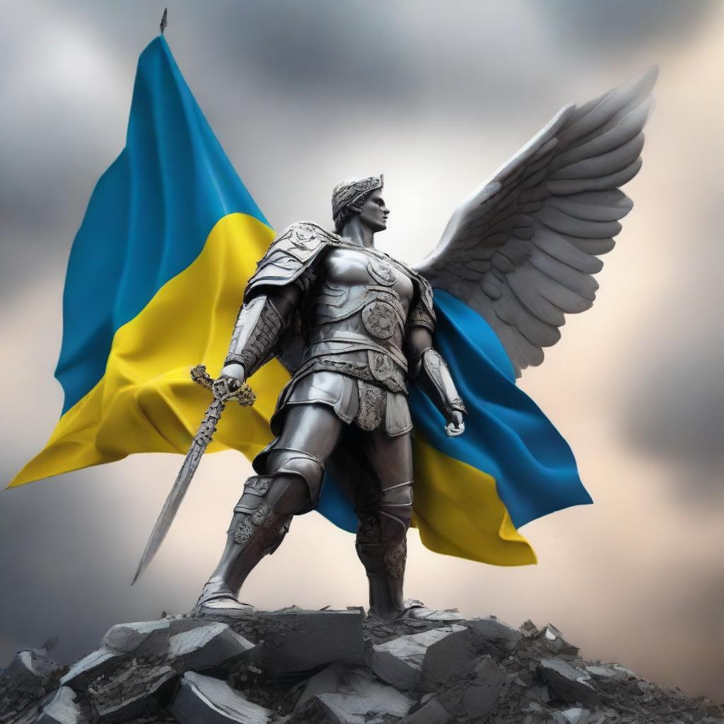 An angel of war holding the Ukrainian flag, standing amidst a battlefield