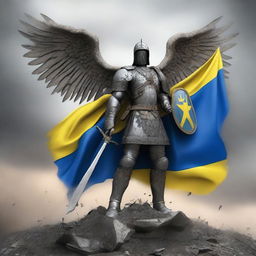 An angel of war holding the Ukrainian flag, standing amidst a battlefield