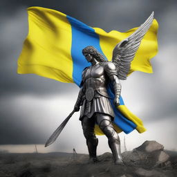 An angel of war holding the Ukrainian flag, standing amidst a battlefield