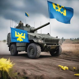 Military vehicles adorned with Ukrainian symbols, such as the national flag and emblem