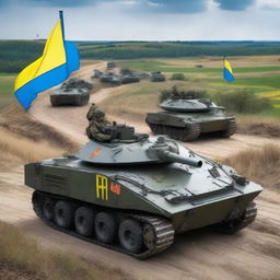 Military vehicles adorned with Ukrainian symbols, such as the national flag and emblem