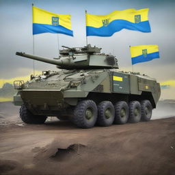 Military vehicles adorned with Ukrainian symbols, such as the national flag and emblem