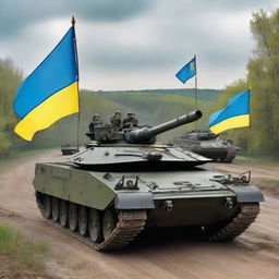 Military vehicles adorned with Ukrainian symbols, such as the national flag and emblem