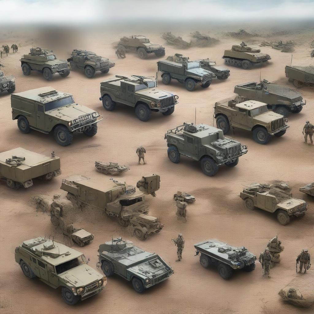 A variety of military vehicles, including tanks, armored personnel carriers, and jeeps, displayed in a realistic setting