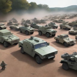 A variety of military vehicles, including tanks, armored personnel carriers, and jeeps, displayed in a realistic setting