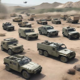 A variety of military vehicles, including tanks, armored personnel carriers, and jeeps, displayed in a realistic setting