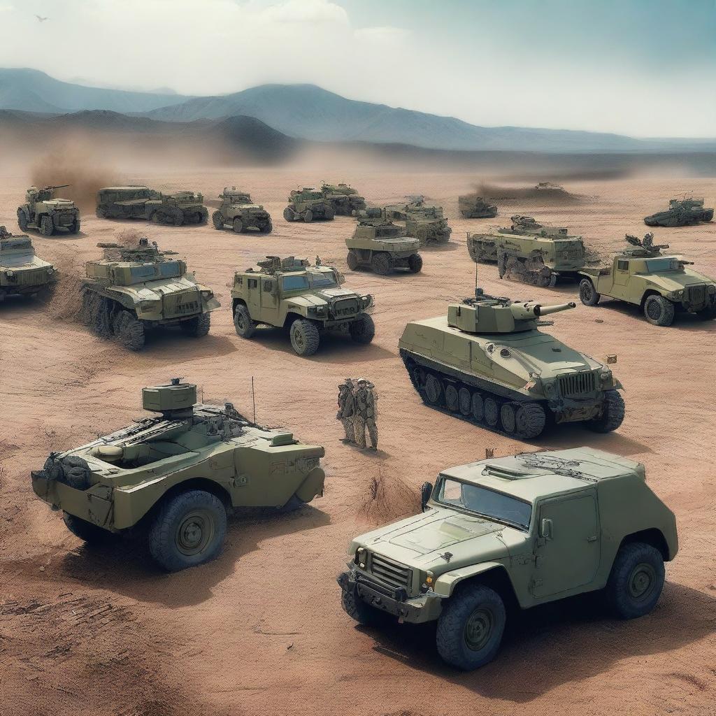 A variety of military vehicles, including tanks, armored personnel carriers, and jeeps, displayed in a realistic setting