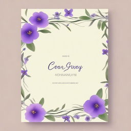 Create an A4 book cover with olive green vines intertwined with dreamy purple flowers