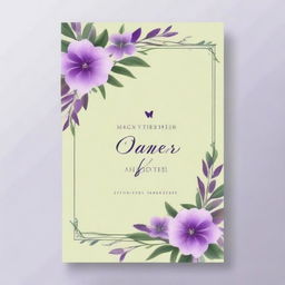 Create an A4 book cover with olive green vines intertwined with dreamy purple flowers