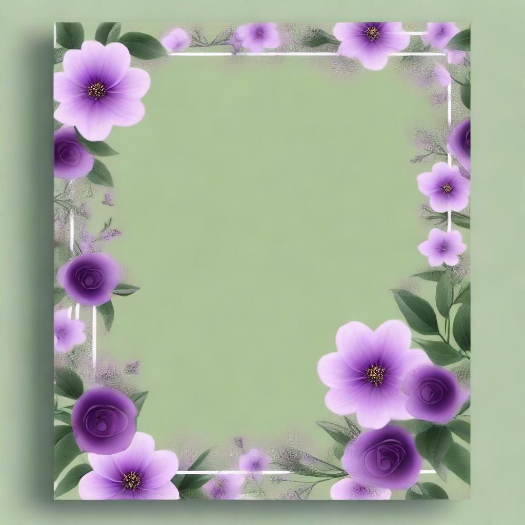 Create an A4 book cover with vines of the color olive green combined with flowers of the color dreamy purple