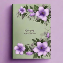 Create an A4 book cover with vines of the color olive green combined with flowers of the color dreamy purple