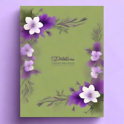 Create an A4 book cover with vines of the color olive green combined with flowers of the color dreamy purple