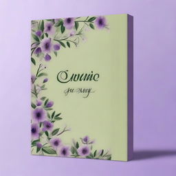 Create an A4 book cover with vines of the color olive green combined with flowers of the color dreamy purple