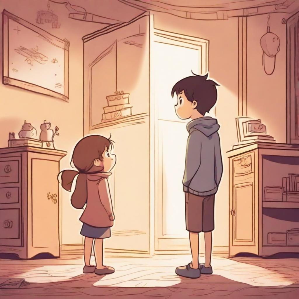 A boy and girl are standing in a room with a demat