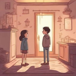 A boy and girl are standing in a room with a demat