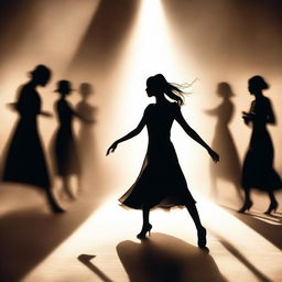 A captivating scene showing a girl dancing with a man's shadow, surrounded by other people's shadows