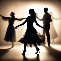 A captivating scene showing a girl dancing with a man's shadow, surrounded by other people's shadows