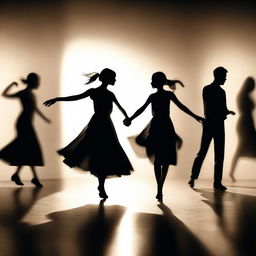 A captivating scene showing a girl dancing with a man's shadow, surrounded by other people's shadows