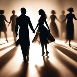 A captivating scene showing a girl dancing with a man's shadow, surrounded by other people's shadows