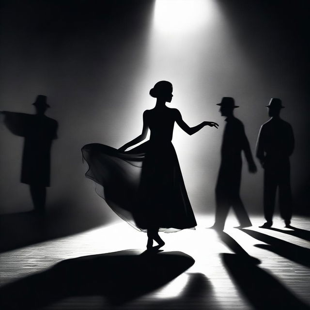 An enchanting scene featuring a girl performing a dance with the shadow of a man