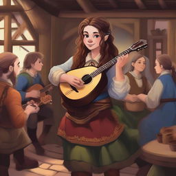 A detailed illustration of a halfling female bard with long brown hair styled in a bun