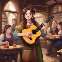 A detailed illustration of a halfling female bard with long brown hair styled in a bun